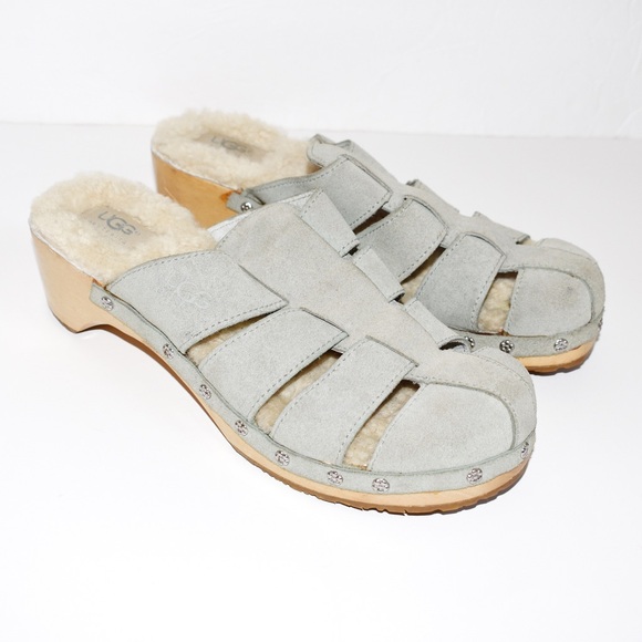 UGG Ore Wasabi Suede Mules Wood Clogs Fur Lined - Picture 1 of 8